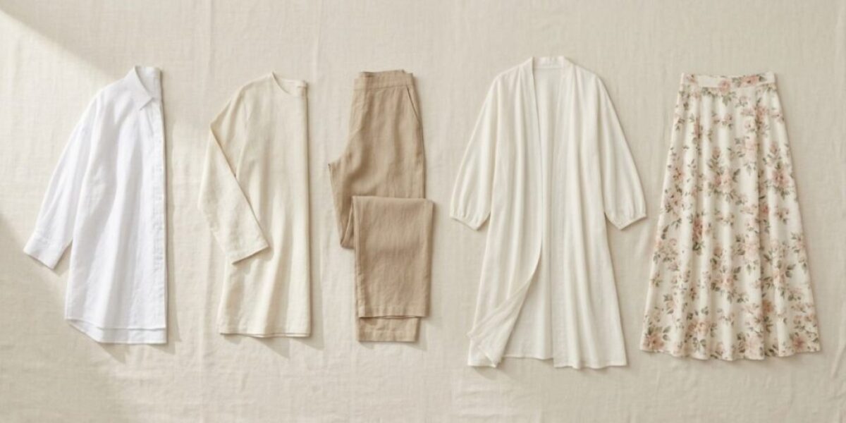Flat lay of summer wardrobe essentials: linen shirt, wide-leg trousers, floral midi skirt, and ivory kimono