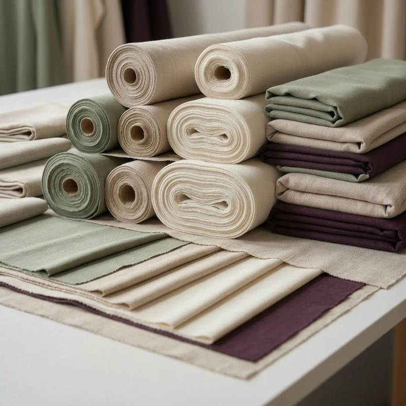 Stacked rolls of natural linen fabric in warm earth tones
