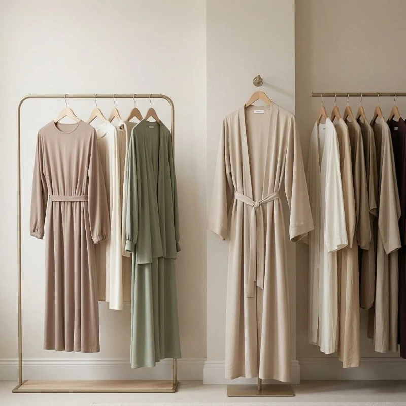 Folded modest clothing pieces in neutral tones