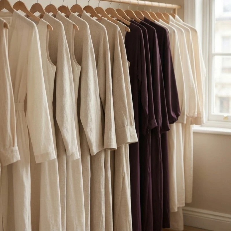Modest garments hanging in a clean, light-filled wardrobe